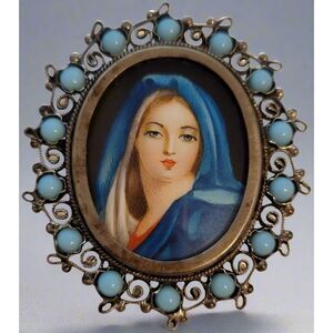 Vintage 800 Silver Virgin Mary Brooch – Hand Painted Portrait Pin Religious